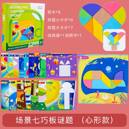 2022 Hot Selling Creative Children Brain Training Geometry Intelligence Wooden Tin Box Tangram Puzzle Kids Toys