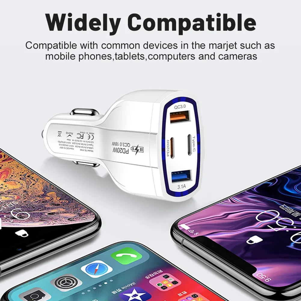 EONLINE 2USB+2PD Quick Charge 4-In-1 Car Cigarette Lighter 53W PD One Tow Four Mobile iPhone 16 15 14  Car Charger