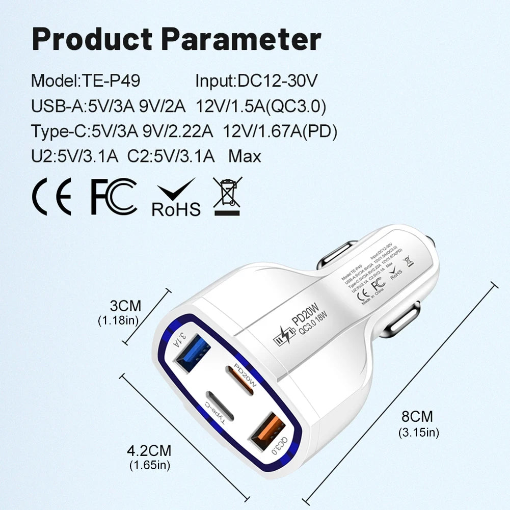EONLINE 2USB+2PD Quick Charge 4-In-1 Car Cigarette Lighter 53W PD One Tow Four Mobile iPhone 16 15 14  Car Charger