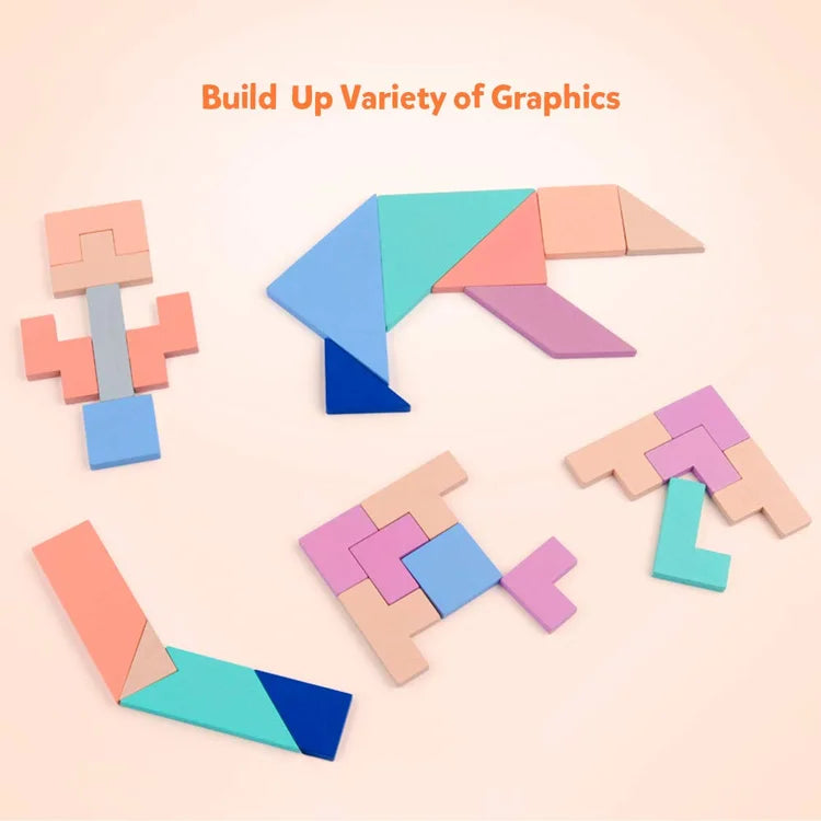 Factory Direct Sale Custom Colorful Wooden Magnetic T Shape Tangram Puzzle Educational Toy Tangram Pieces Set for Kids