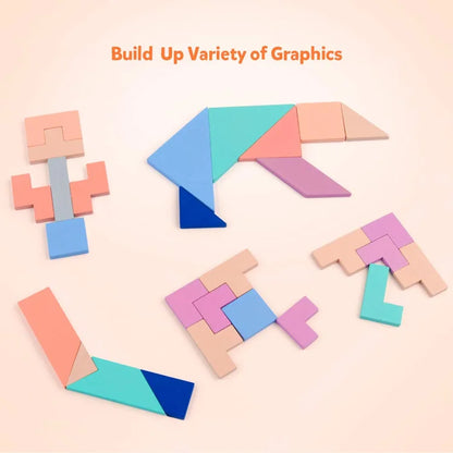 Factory Direct Sale Custom Colorful Wooden Magnetic T Shape Tangram Puzzle Educational Toy Tangram Pieces Set for Kids