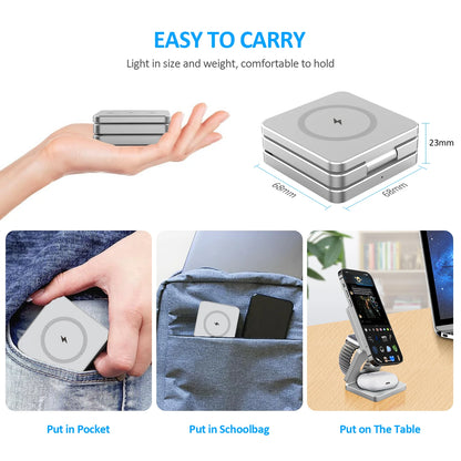 Magnetic Foldable Wireless Charger 3 in 1 Folding Wireless Charging for iPhone 16/15/14/13/12 Pro Max Fast Charging Dock Station