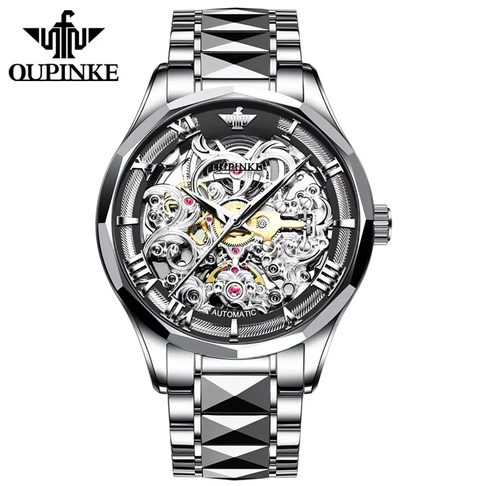 Oupinke 3168 Watch Hollow Out Design Tungsten Steel High Quality Mirror Luxury Brand Original Automatic Mechanical Men's Watches