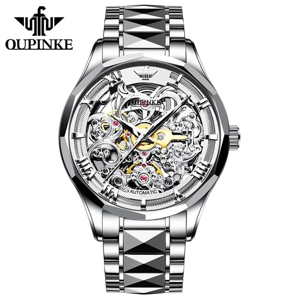 Oupinke 3168 Watch Hollow Out Design Tungsten Steel High Quality Mirror Luxury Brand Original Automatic Mechanical Men's Watches