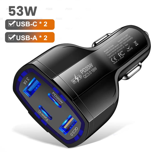 EONLINE 2USB+2PD Quick Charge 4-In-1 Car Cigarette Lighter 53W PD One Tow Four Mobile iPhone 16 15 14  Car Charger