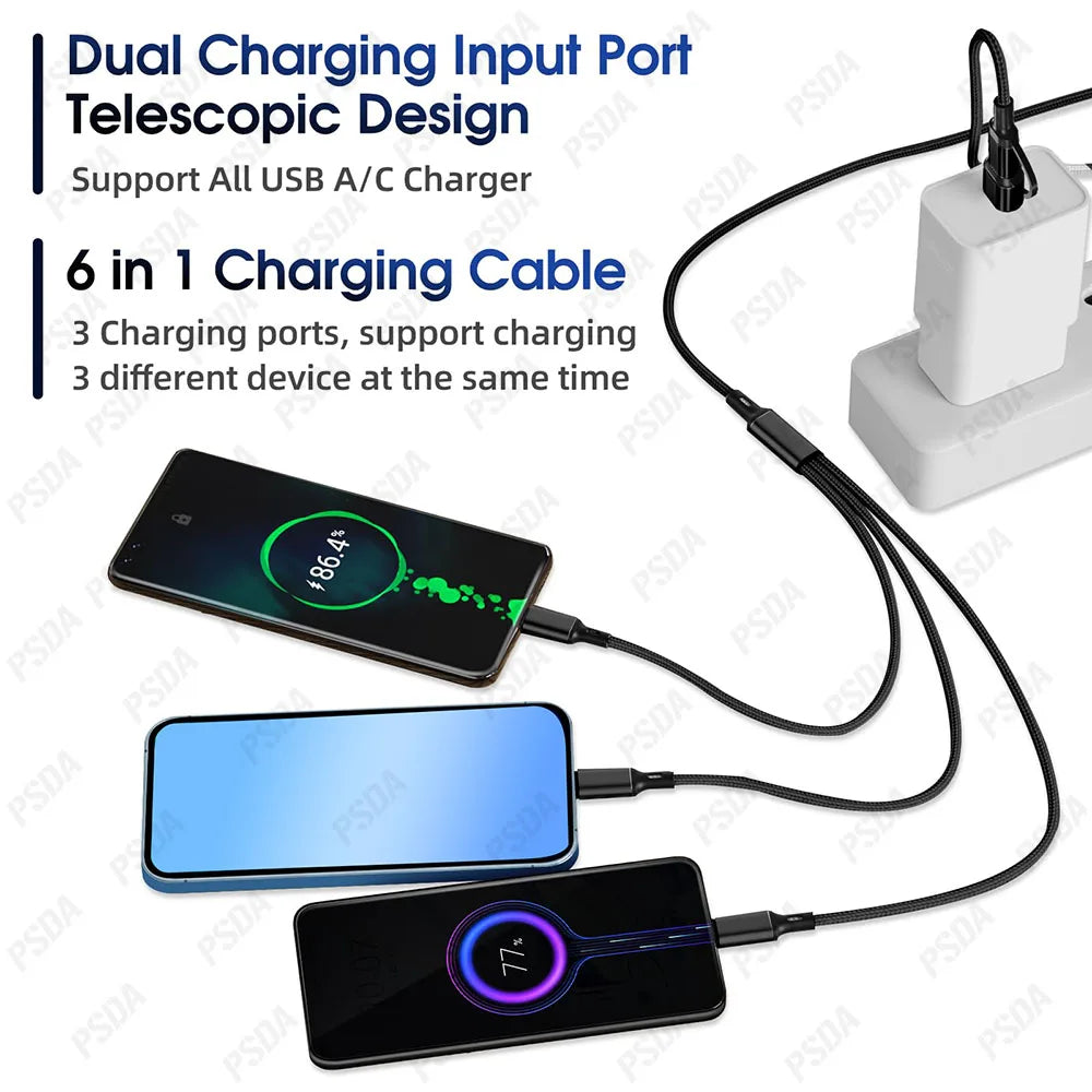 Eonline 3D 4FT 6 in 1 Charging Cable Multi Charger Cable Nylon Braided Multi Fast Charging Cord USB a/C to Phone USB C/Micro USB