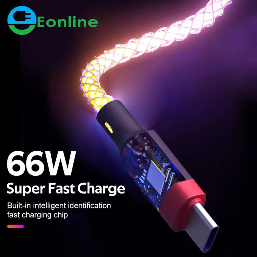 EONLINE RGB LED 6A USB Type C Cable Micro USB Fast Charging for Huawei Android Phone Charger for Xiaomi Samsung Oppo Vivo