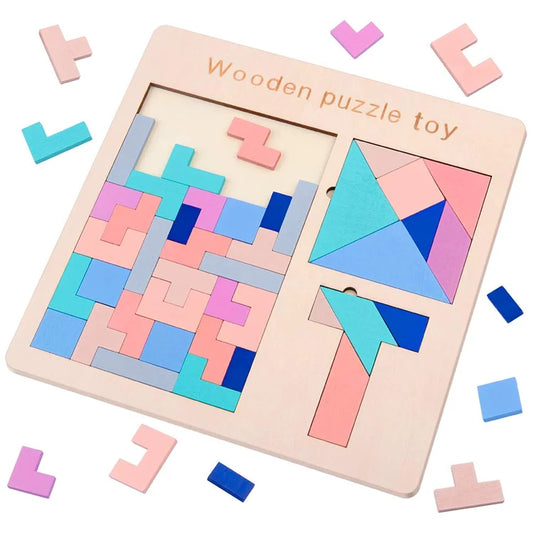 Factory Direct Sale Custom Colorful Wooden Magnetic T Shape Tangram Puzzle Educational Toy Tangram Pieces Set for Kids