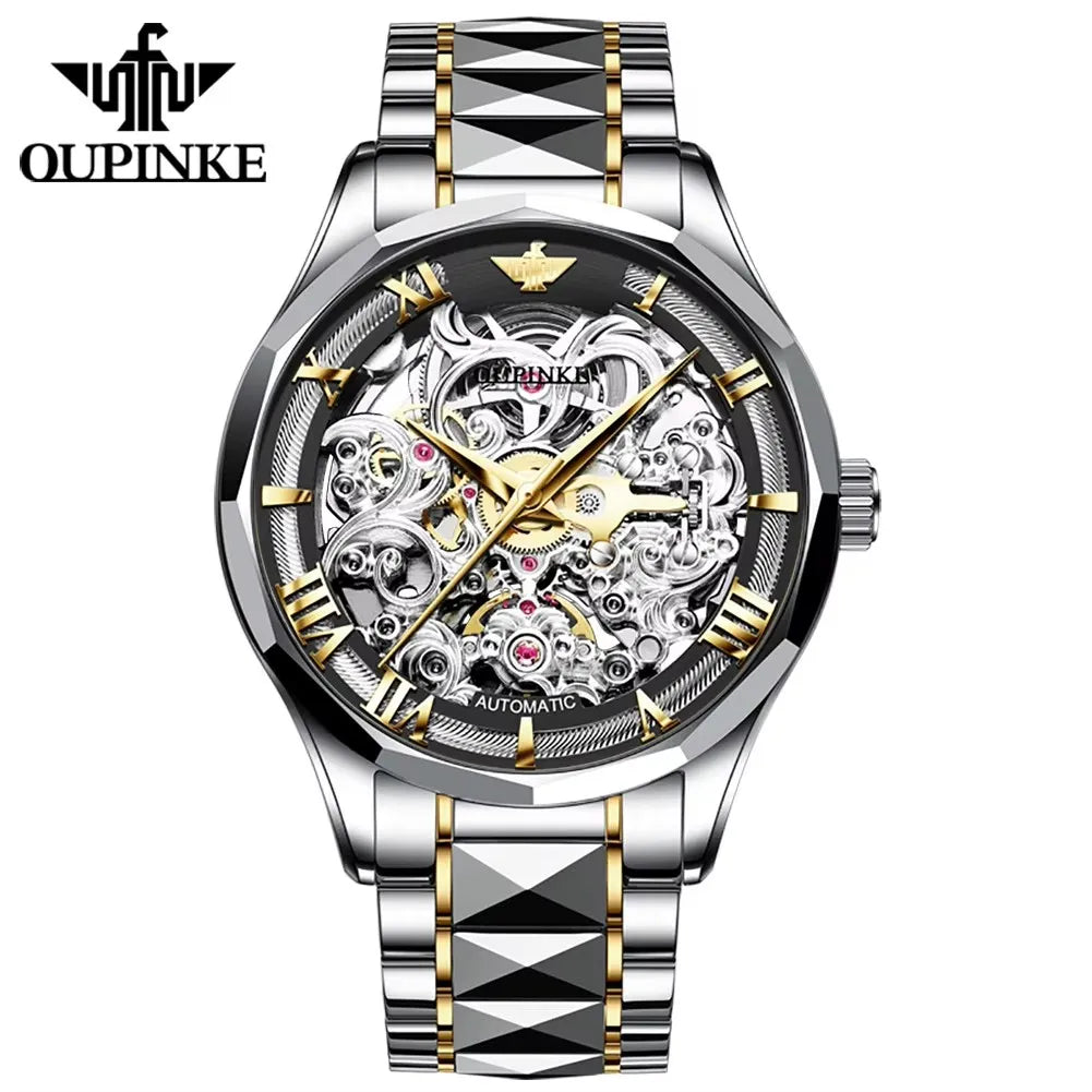Oupinke 3168 Watch Hollow Out Design Tungsten Steel High Quality Mirror Luxury Brand Original Automatic Mechanical Men's Watches