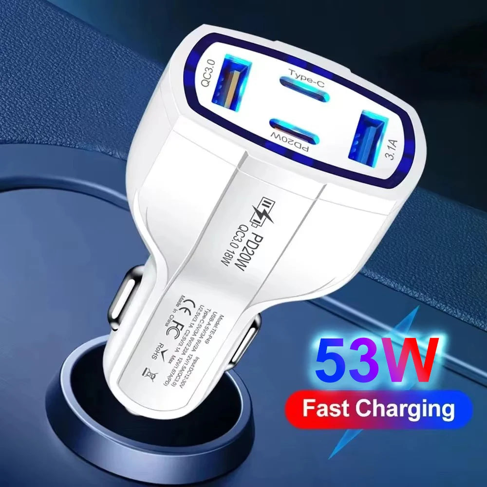 EONLINE 2USB+2PD Quick Charge 4-In-1 Car Cigarette Lighter 53W PD One Tow Four Mobile iPhone 16 15 14  Car Charger