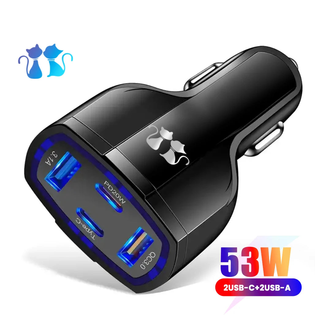 EONLINE 2USB+2PD Quick Charge 4-In-1 Car Cigarette Lighter 53W PD One Tow Four Mobile iPhone 16 15 14  Car Charger