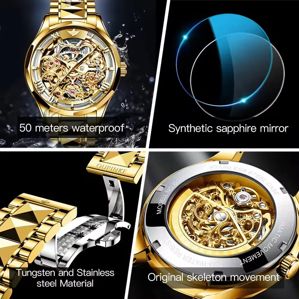 Oupinke 3168 Watch Hollow Out Design Tungsten Steel High Quality Mirror Luxury Brand Original Automatic Mechanical Men's Watches