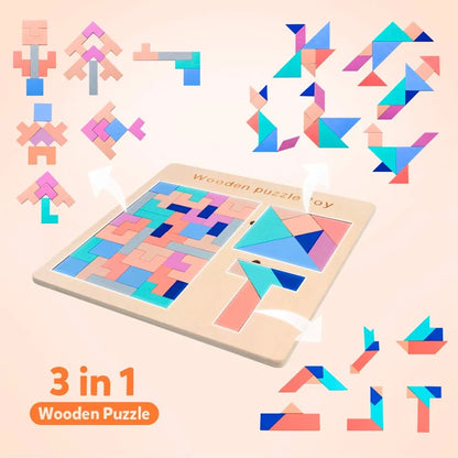 Factory Direct Sale Custom Colorful Wooden Magnetic T Shape Tangram Puzzle Educational Toy Tangram Pieces Set for Kids