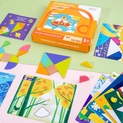 2022 Hot Selling Creative Children Brain Training Geometry Intelligence Wooden Tin Box Tangram Puzzle Kids Toys