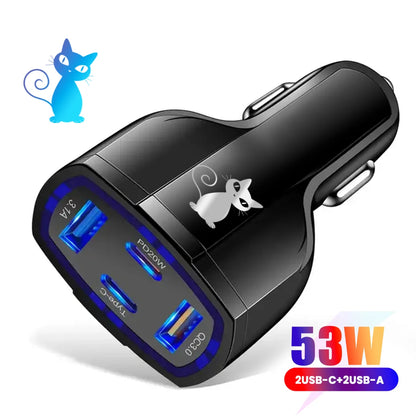 EONLINE 2USB+2PD Quick Charge 4-In-1 Car Cigarette Lighter 53W PD One Tow Four Mobile iPhone 16 15 14  Car Charger