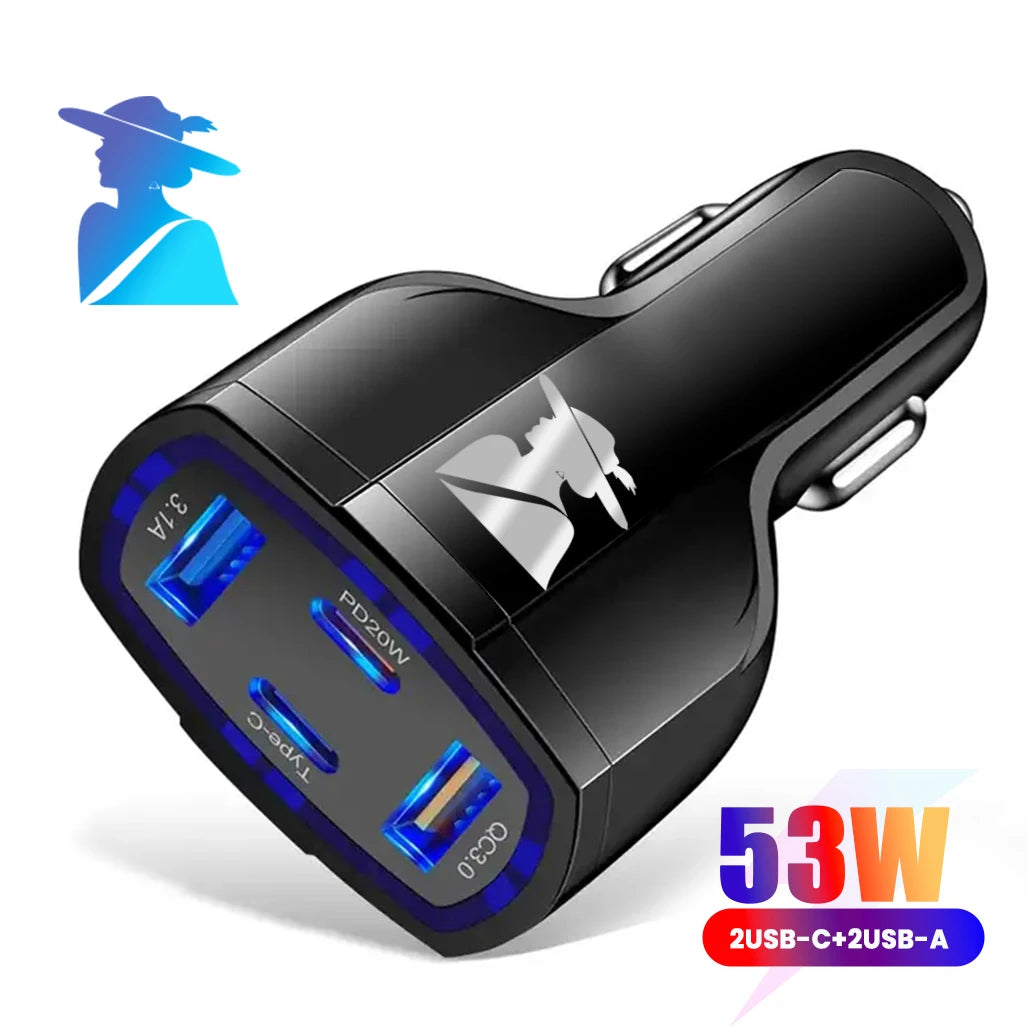 EONLINE 2USB+2PD Quick Charge 4-In-1 Car Cigarette Lighter 53W PD One Tow Four Mobile iPhone 16 15 14  Car Charger