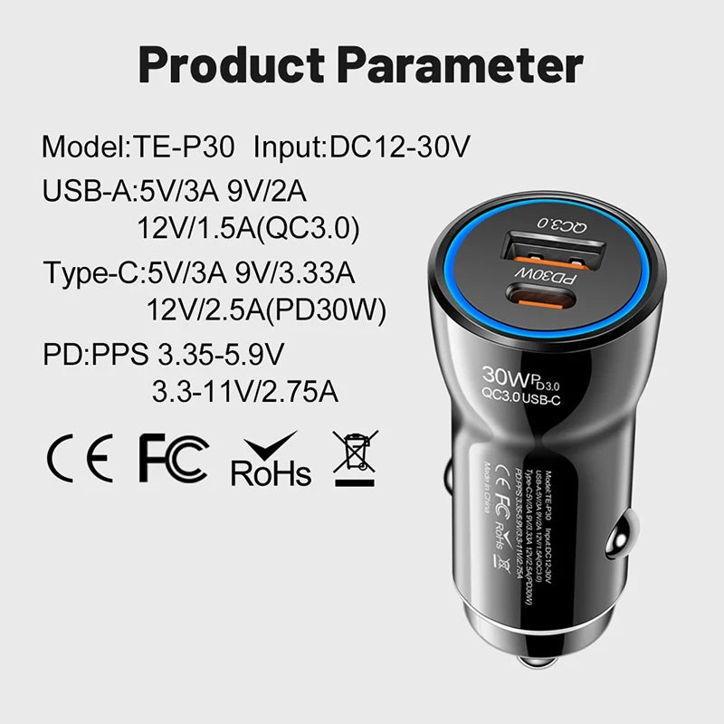 Eonline 48W Phone Car Charger Type C+USB Dual Fast Charging PD 30W+USB QC3.0 18W MAX for Car Lighter Slot Truck Universal Adapte