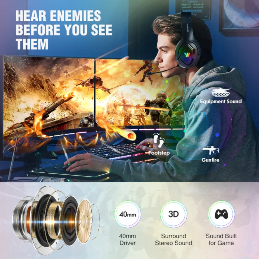 For Computer Gamer Gaming Headset Custom Over Ear Wired 3.5mm USB Wire RGB Light Gaming Headphone for PC With MIC