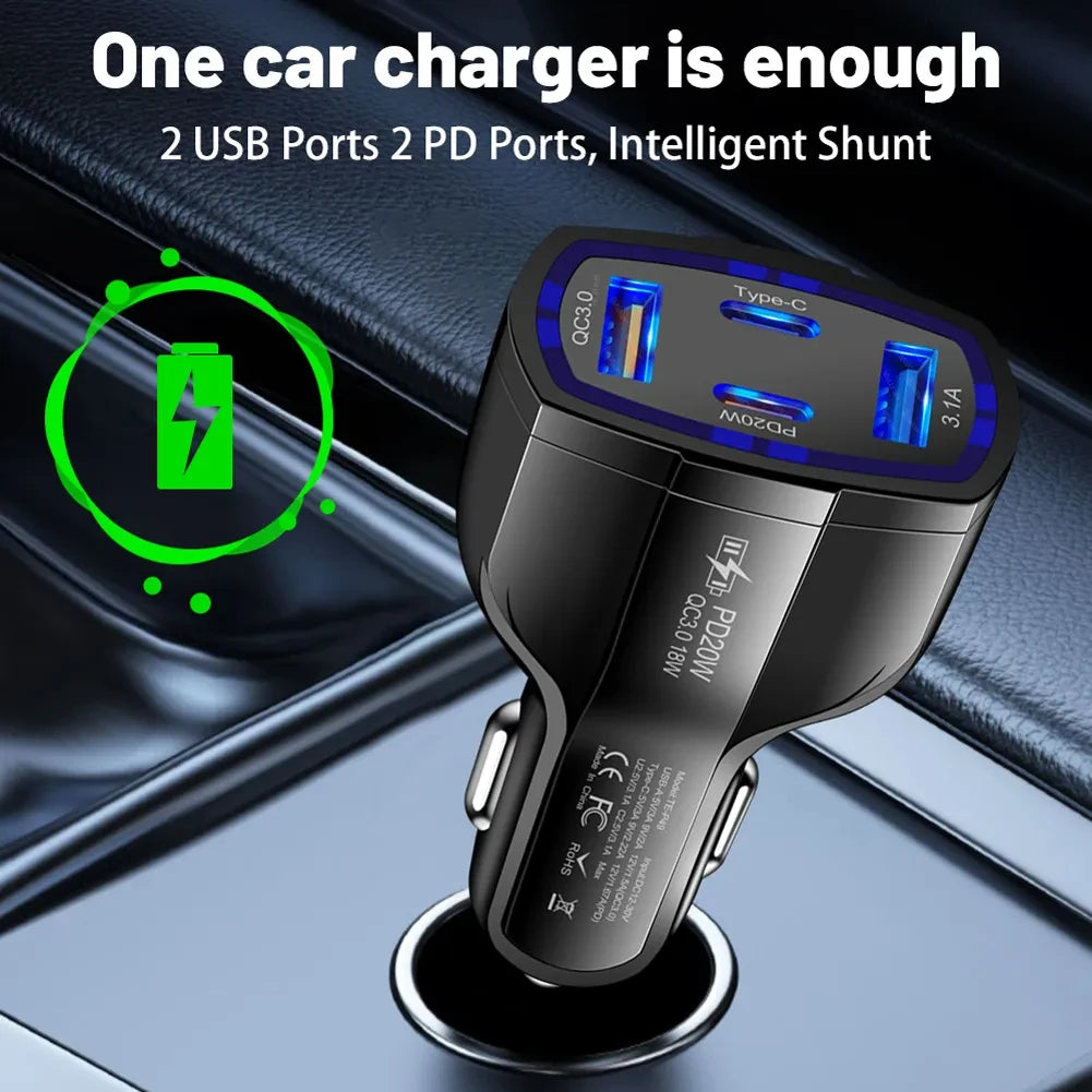 EONLINE 2USB+2PD Quick Charge 4-In-1 Car Cigarette Lighter 53W PD One Tow Four Mobile iPhone 16 15 14  Car Charger