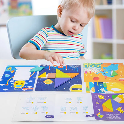 2022 Hot Selling Creative Children Brain Training Geometry Intelligence Wooden Tin Box Tangram Puzzle Kids Toys