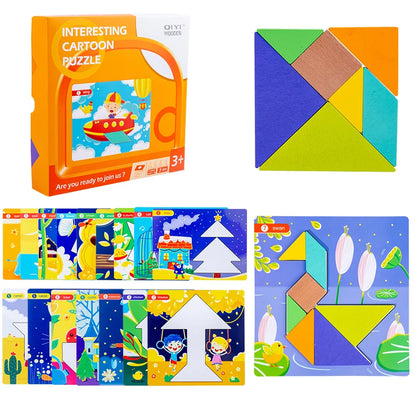2022 Hot Selling Creative Children Brain Training Geometry Intelligence Wooden Tin Box Tangram Puzzle Kids Toys