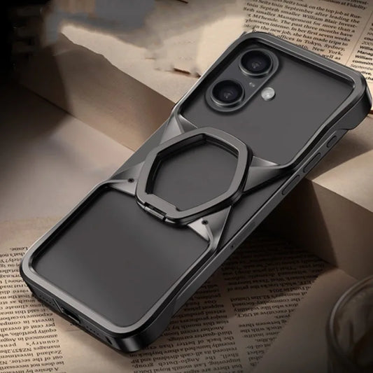 Hot Aluminum Alloy Magnetic Frameless Phone Case for iPhone 16 15 14 Pro Max With Metal Kickstand Shockproof Bumper Shells Cover