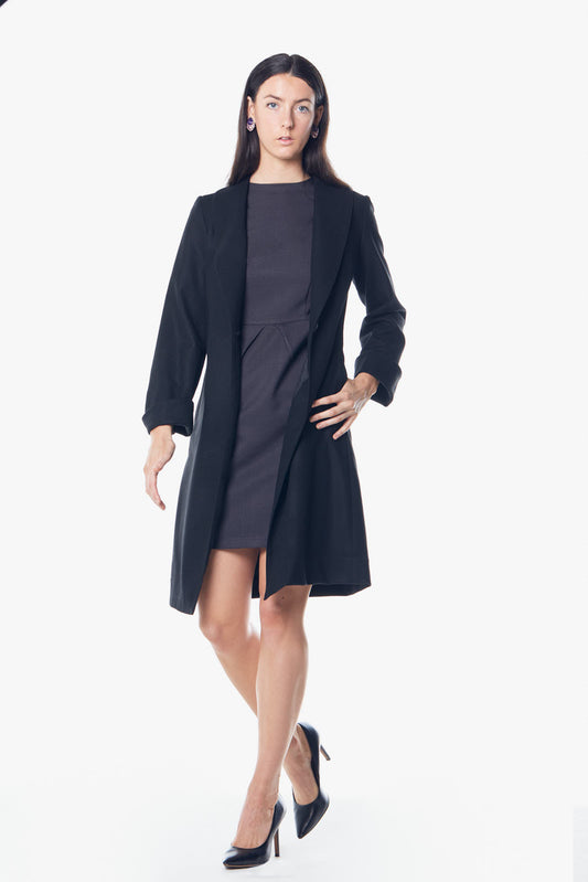Power Woman- Worsted Flannel Long Jacket-Black